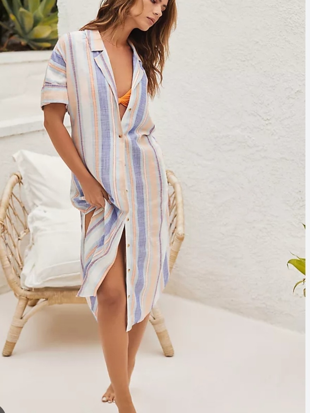 Anthropologie The Lucia Dress. Stripe Button-Front Swim Cover-Up in Blue & Peach